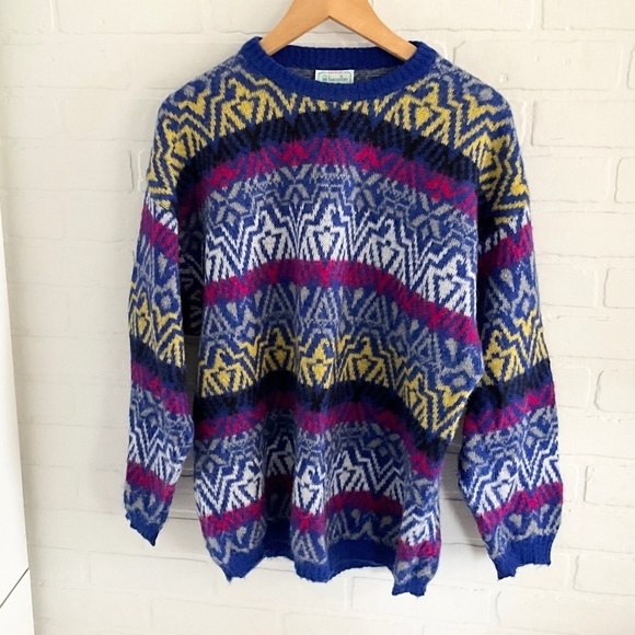 Vintage Knit Sweater Benetton Fair Isle Southwestern Cobalt blue Mohair - Picture 2 of 11